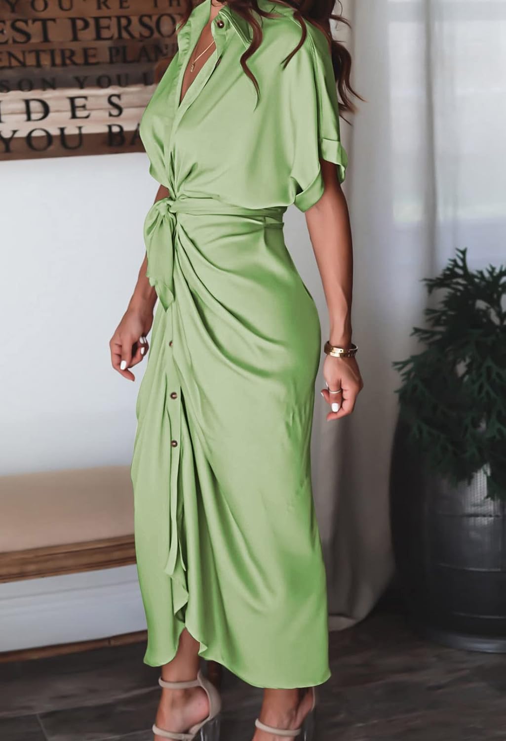 Women Elegant Satin Button Down Short Sleeve Maxi Shirt Dress with Belt