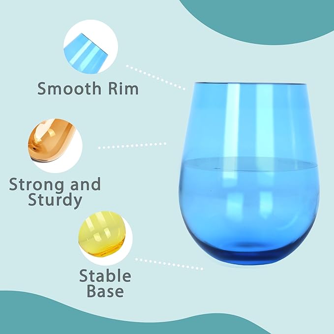 Lily's Home Set of 8 Shatter-Resistant Acrylic Stemless Wine Glasses - 14 oz for Poolside, Parties, Patio & Outdoor Indoor Use, BPA-Free Plastic Drinkware in Mixed Colors