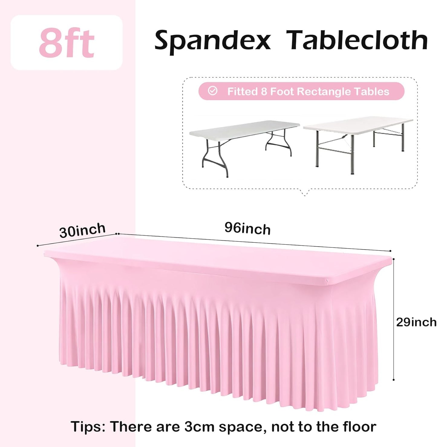 6 pk Baby Pink Spandex Tablecloth 8ft With Ruffled Table Skirt, Wrinkle Free Stretchy Fitted Tablecloths for 8 Foot Rectangle Tables, Elastic Spandex Table Covers for Weddings Parties Banquet