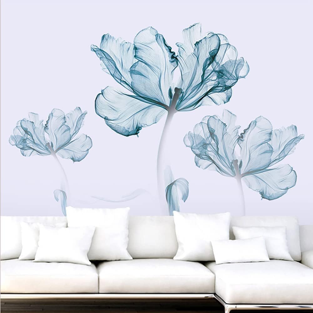 Runtoo Large Blue Flower Wall Decals Poppy Floral Wall Art Stickers for Girls Bedroom Living Room Bathroom Office TV Background Decor