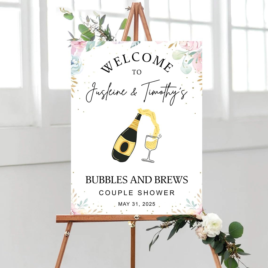 Personalized Greenery Eucalyptus Bubbles and Brews Couples Shower Welcome Sign, Gold Modern Minimalist Wedding Shower Bridal Party Decoration, Outdoor Plastic Sign Weatherproof #13