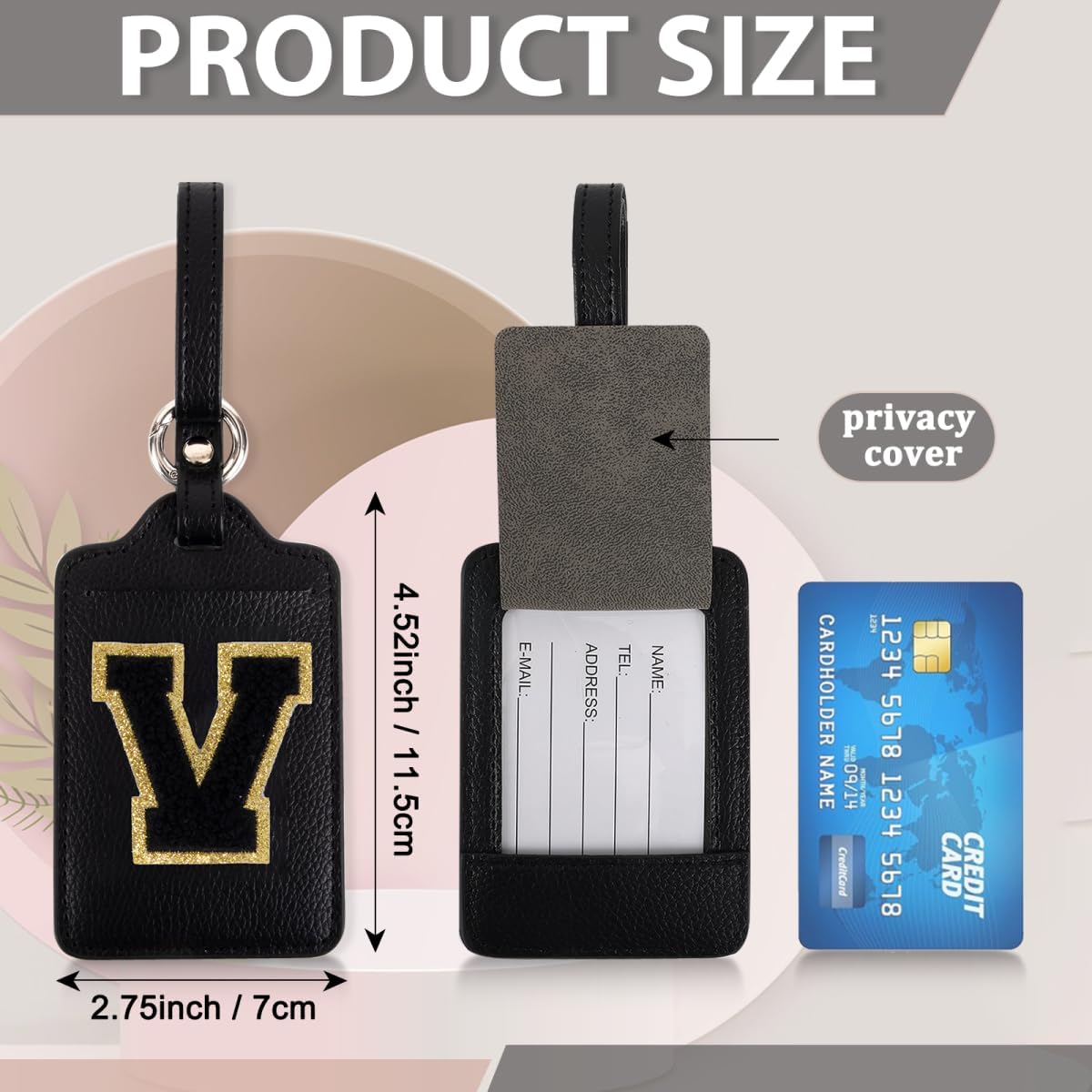 Personalized Initial Luggage Tags for Suitcases, Leather Chenille Letter Cute Luggage Tags with Privacy Name Card, Embroidered Travel Bag Backpack Tags Gifts for Women Kids Girls Teens(Black-V)