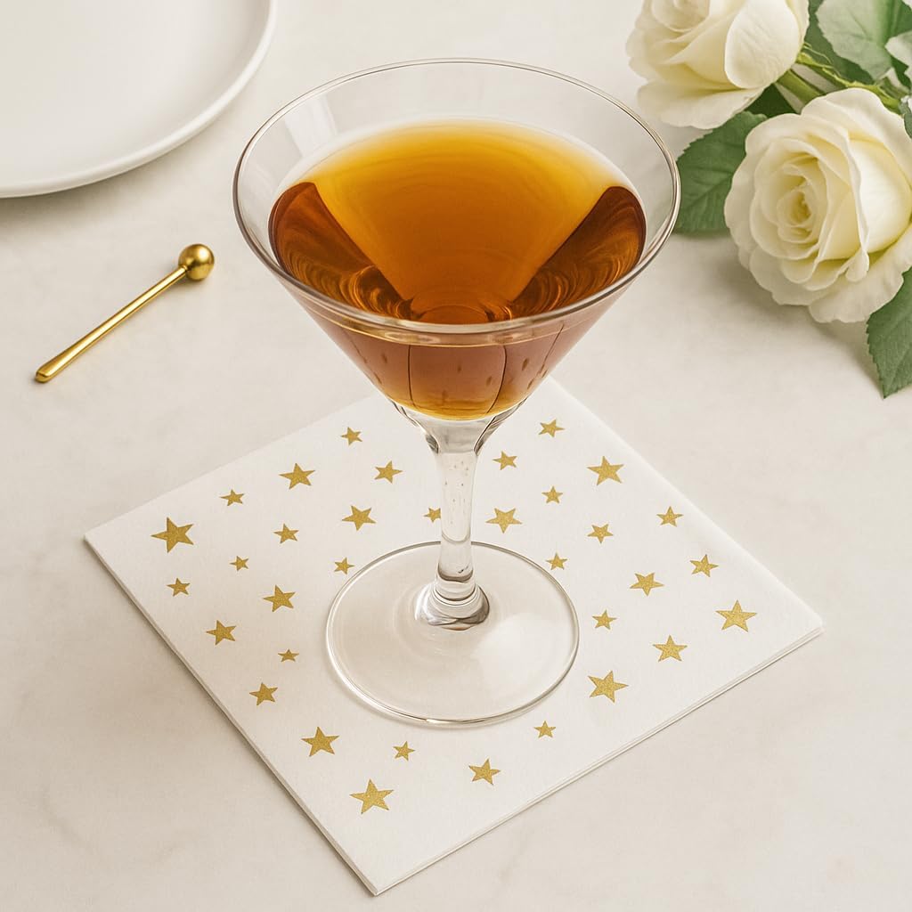 100 Pack White Cocktail Napkins with Gold Stars – 3-Ply Fancy Disposable Party Napkins 5x5 Inches for Weddings, Birthdays, Holidays, Baby Showers & Events – Elegant Gold Foil desgin by Hydro Energy