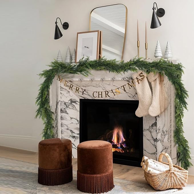 Christmas Cedar Garland,2Pcs 6ft Real Touch Cedar Pine Garland for Mantle Fireplace Outdoor Indoor Christmas Decorations