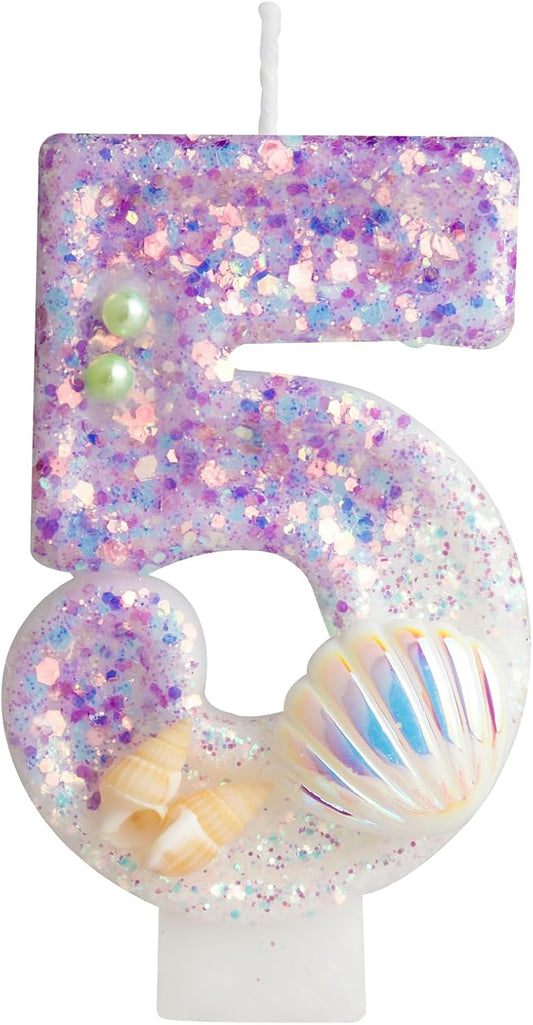 Pulper Mermaid Sequins Shell Birthday Candles,Mermaid Birthday Candles,Happy 5th Birthday Candles for Girls Cake,Mermaid Themed Birthday Cake Topper Anniversary Party Decorations, Purple