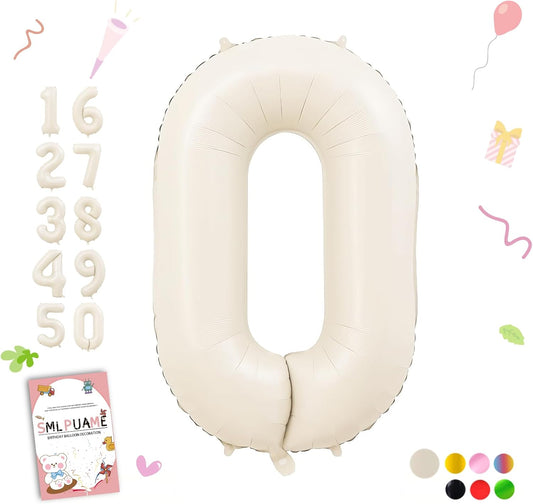 Smlpuame 40 Inch Cream Number Balloons 0-9, Giant Self-Sealing Beige Foil Number 0 White Sand Digit Helium Balloon for Boys Girls Women Men Party Anniversary Supplies Decorations