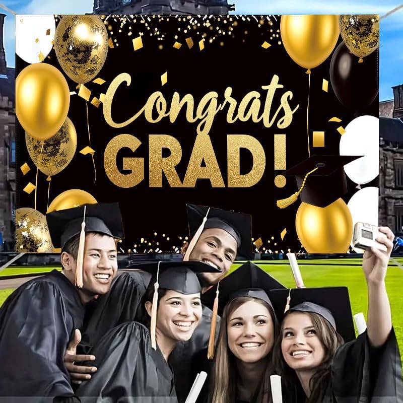 Graduation Party Decorations Set 2025, Black and Gold Porch Banner with Backdrop, Class of 2025 Congrats Grad