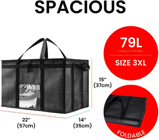 Insulated Cooler Bag and Food Warmer (3XL, 4 Pack) for Delivery & Grocery Shopping with Zippered Top, Black