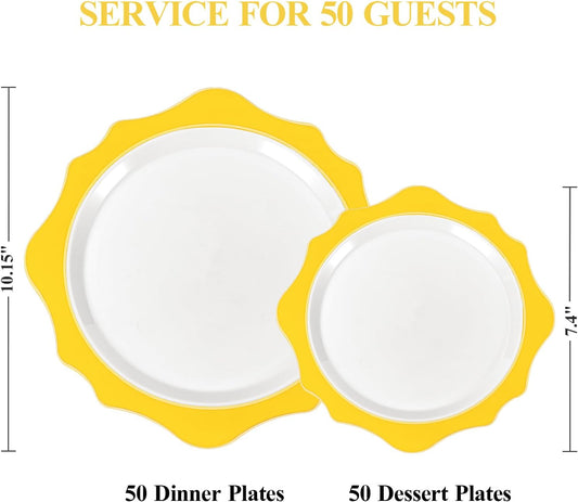 100 PCS White and Yellow Disposable Plates for 50 Guests, Scalloped Plastic Plates Include 50 Dinner Plates and 50 Dessert Plates for Party, Wedding