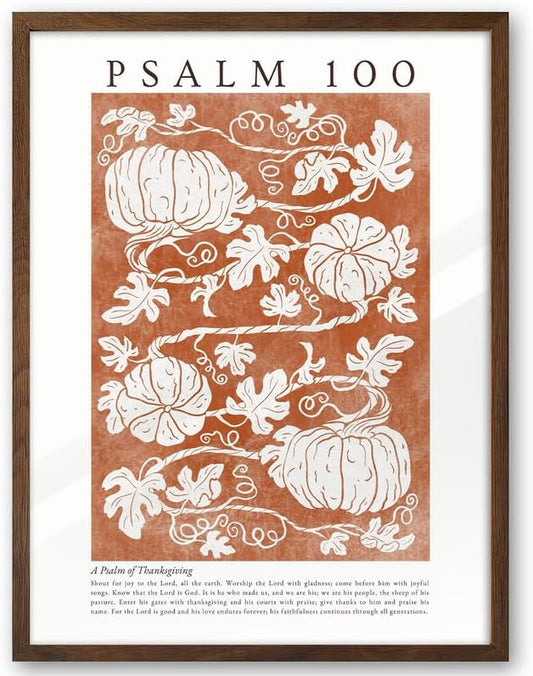 EcoHest Fall Botanical Pumpkins Framed Wall Art, 12x16 in Walnut Color OAK Wood Christian Psalm 100 Canvas Wall Art, Beige Logs A Psalm of Thanksgiving Home Decor Set of 1 for Bedroom Living Room