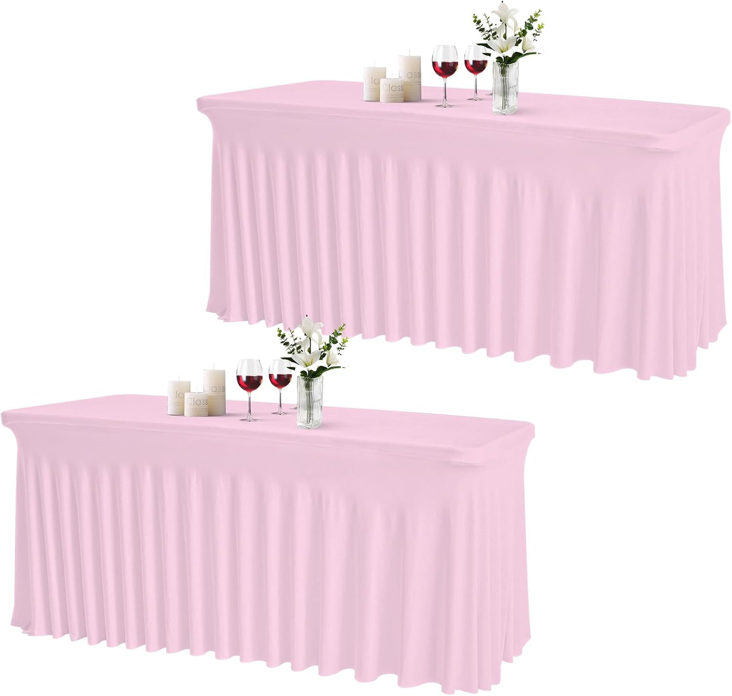 JCJ Table Skirt for Rectangle Tables Set of 2 Spandex Fitted Pink Tablecloths for 6FT Tables, Wrinkle Resistant Ruffles Elastic Table Cover Skirts for Weddings Banquets Parties Teacher Desk