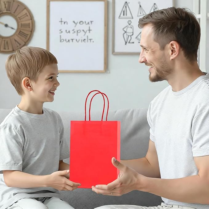 Piqiya Small Plain Kraft Paper Gift Bags with Handles - Red, 24pcs for Birthday, Wedding, Grocery, Retail, Business, Goody, Craft Bags