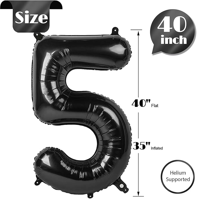 Black Number 5 Balloon 40 Inch, 5th Birthday Party Decorations for Children, Giant 5 Foil Balloon for Party Supplies