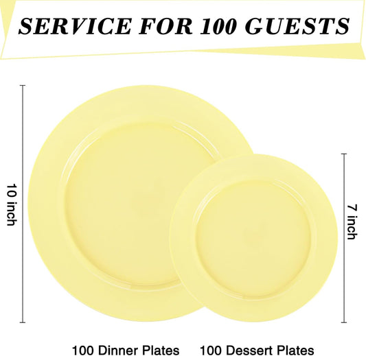 FLOWERCAT 200PCS Yellow Plastic Plates Disposable Plates for Party - Heavy Duty Plastic Plates - 100 10" Dinner Plates and 100 7" Salad Plates for Weddings, Easter Parties and Events