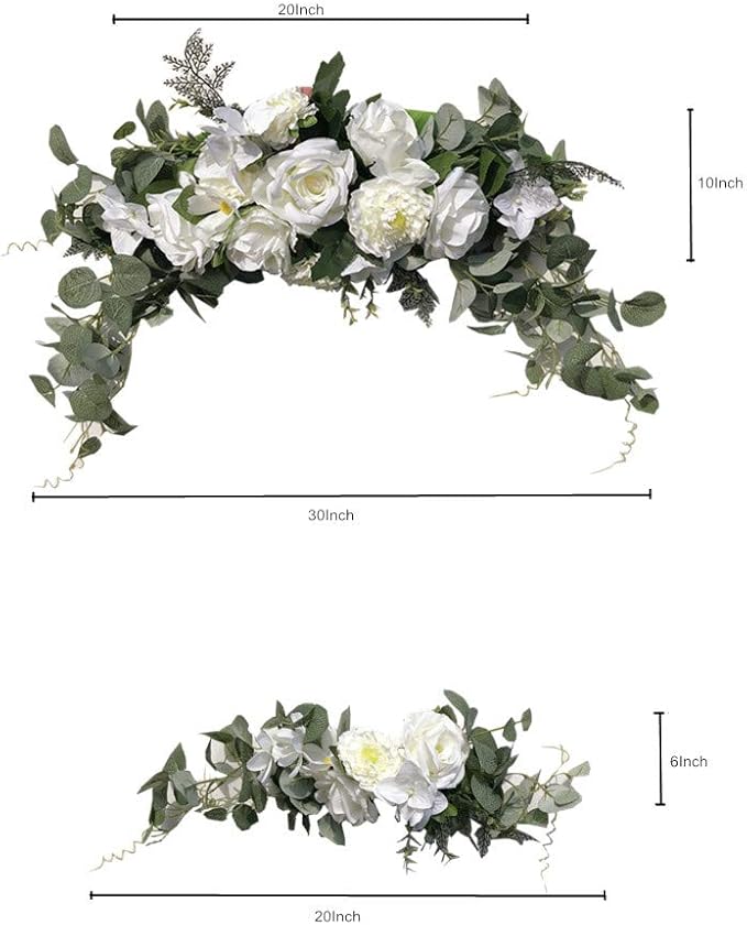 Wedding Arch Flowers,3Pcs Set White Rose Decorative Floral Swags, Artificial Greenery Eucalyptus Leaves Flower For Sheer Drapes, Wedding Chair, Arbor, Wedding Ceremony and Reception Arrangement