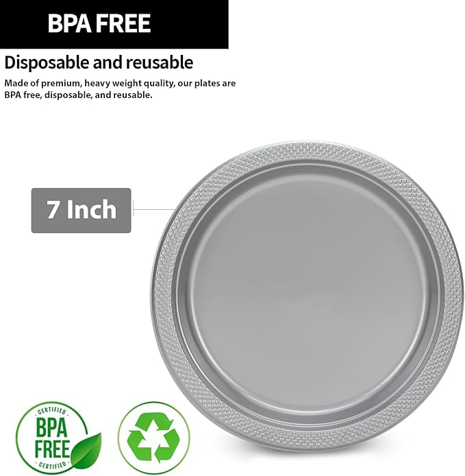 Hanna K. Signature Silver Plastic Plates 7 Inch - 600 count - Plastic Solid Round Party Plates For Weddings, BBQs, Birthday Plates - Disposable Silver Plates - Plastic Dessert Plates