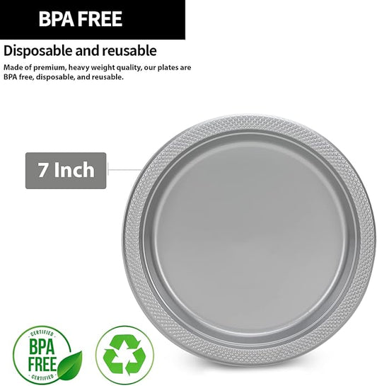 Hanna K. Signature Silver Plastic Plates 7 Inch - 600 count - Plastic Solid Round Party Plates For Weddings, BBQs, Birthday Plates - Disposable Silver Plates - Plastic Dessert Plates