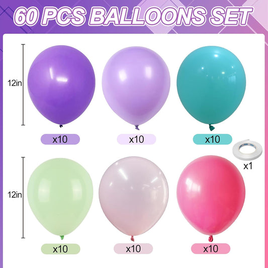 Pink Purple and Blue Balloons, 60 PCS 12 Inch Teal Blue Pink Purple Balloons Colorful Balloon for Girls Mermaid Birthday Baby Shower Wedding Princess Singer Party Decorations