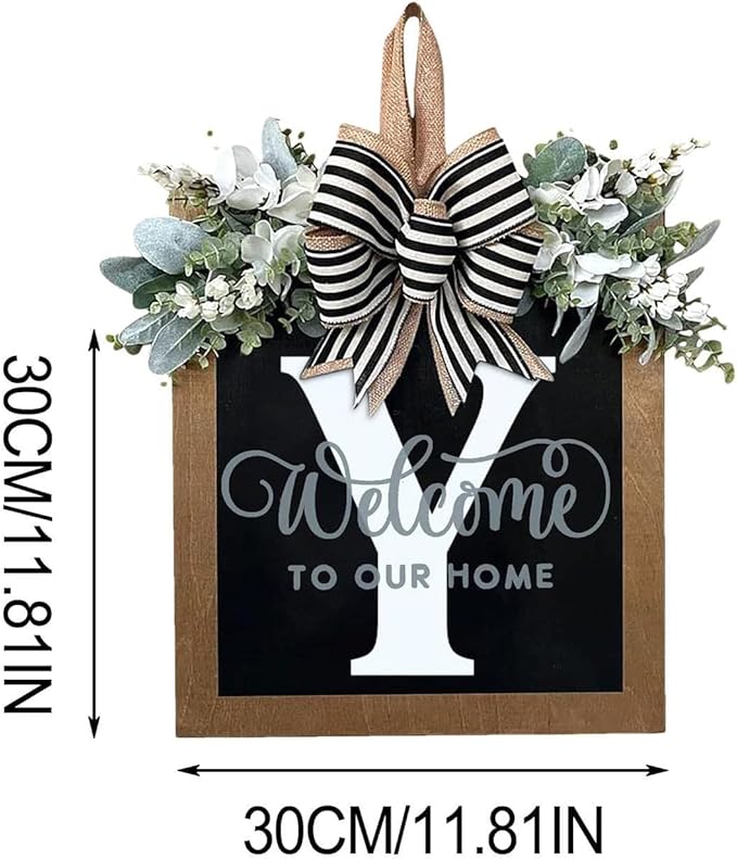 Last Name Year Round Front Door Wreath Front Porch Decoration 26 Letter Welcome Sign with Eucalyptus Garland and Bow Spring Wreaths for Front Door Outside Hanger Garland（Y）
