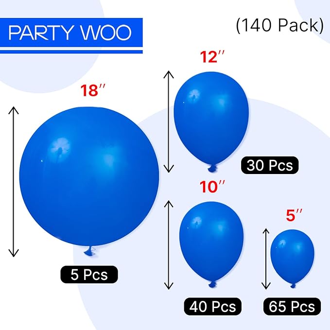 PartyWoo Royal Blue Balloons 140pcs Different Sizes Pack of 18 12 10 5 Inch Dark Blue Balloon Arch Kit for Baby Shower Gender Reveal Graduation Under The Sea Birthday Party Decorations Blue-Y5