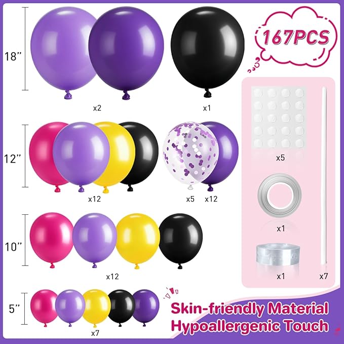 Black Purple Red Yellow Balloon Garland Arch Kit, 167Pcs Latex Balloons Different Sizes 18 12 10 5 inch for Women Princess Girl Birthday Bridal Baby Shower Party Decoration