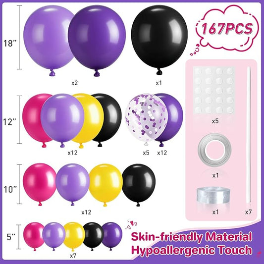 Black Purple Red Yellow Balloon Garland Arch Kit, 167Pcs Latex Balloons Different Sizes 18 12 10 5 inch for Women Princess Girl Birthday Bridal Baby Shower Party Decoration