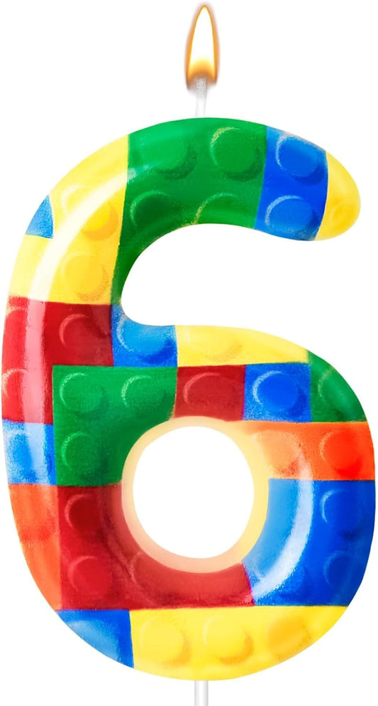 Building Block Themed Birthday Candle Number 6 Candle Birthday Party Decoration Cake Topper for Building Block Party Decoration Theme Parties Supplies (Number 6)