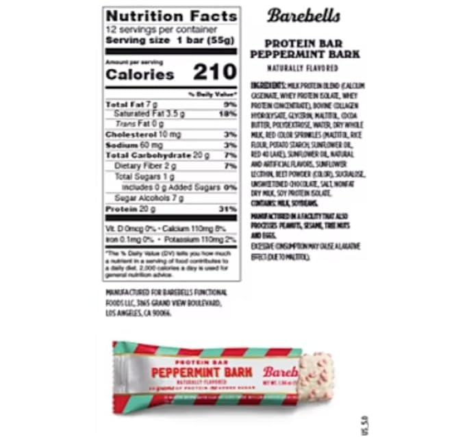 Barebells Protein Bars Peppermint Bark - 12 Count, 20g Protein, Creamy Vanilla Nougat with 1g Sugar, White Chocolate Coated Snack for Breakfast or Post-Workout