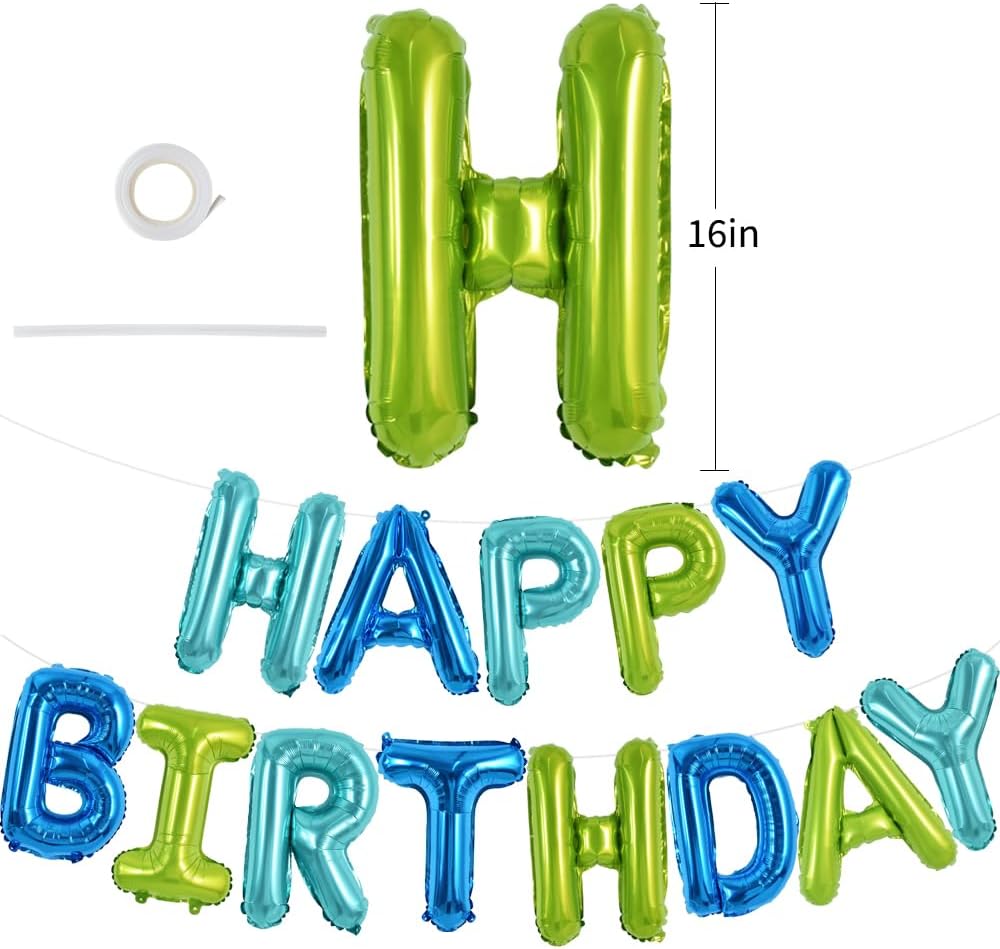 TONIFUL Blue Green Happy Birthday Balloons Banner 16 Inch Mylar Foil Letters Birthday Sign Bunting Reusable for Girls Boys Kids & Adults Birthday Decorations and Party Supplies
