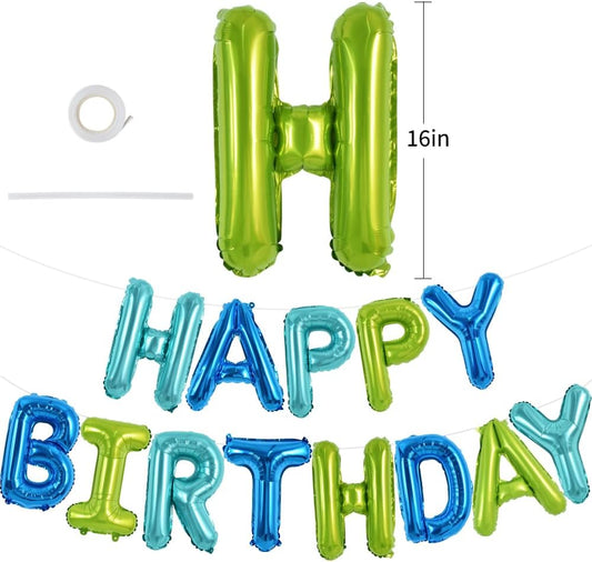 TONIFUL Blue Green Happy Birthday Balloons Banner 16 Inch Mylar Foil Letters Birthday Sign Bunting Reusable for Girls Boys Kids & Adults Birthday Decorations and Party Supplies