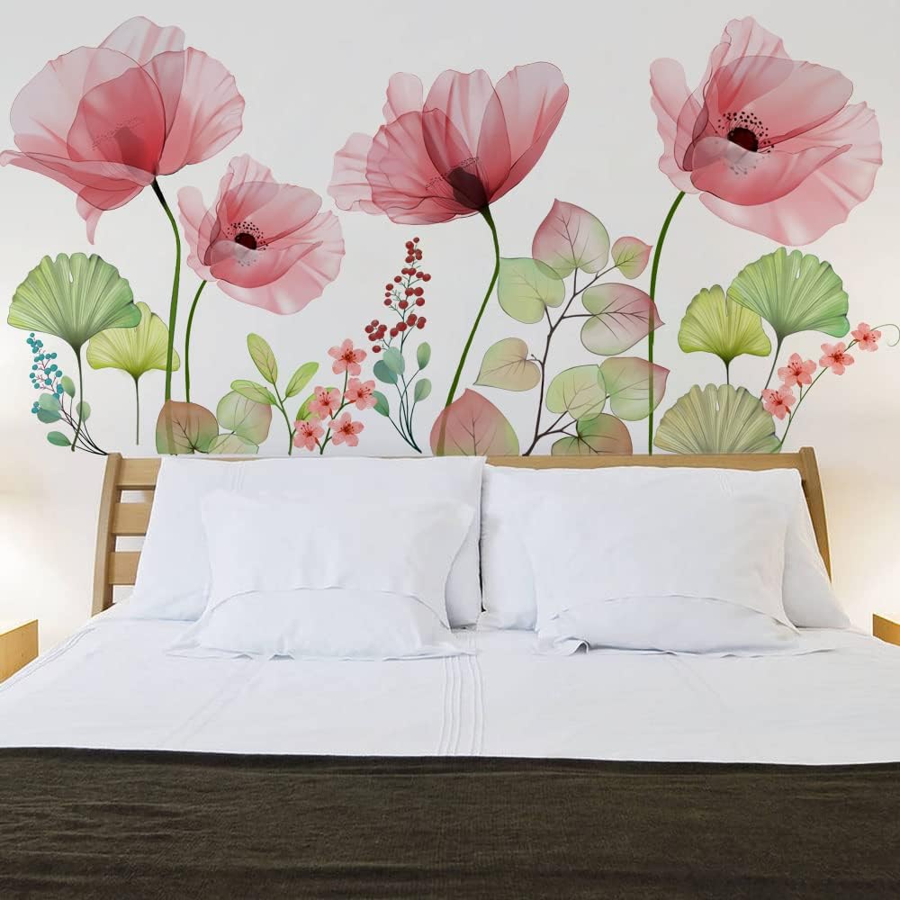 Runtoo Poppy Flowers Wall Stickers Floral Leaf Wall Art Decals Living Room Bedroom Nursery Wall Decor