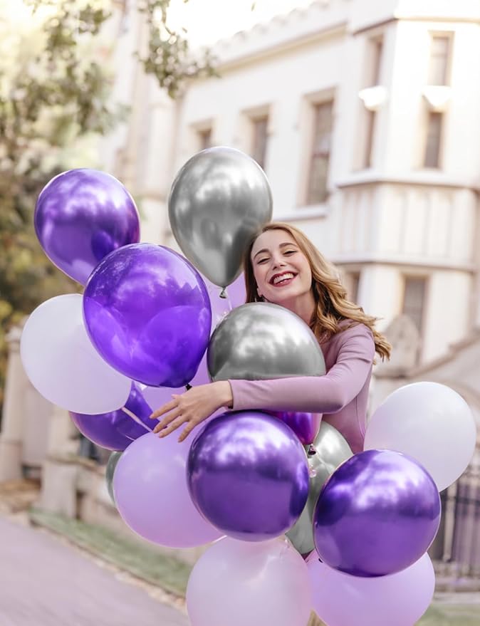 Purple and Silver Balloons,12 Inch 60pcs Pastel Purple Balloon with Silver Confetti Balloon,Lavender Balloons for Mother's Day Birthday Baby Shower Graduation Wedding Party Decorations