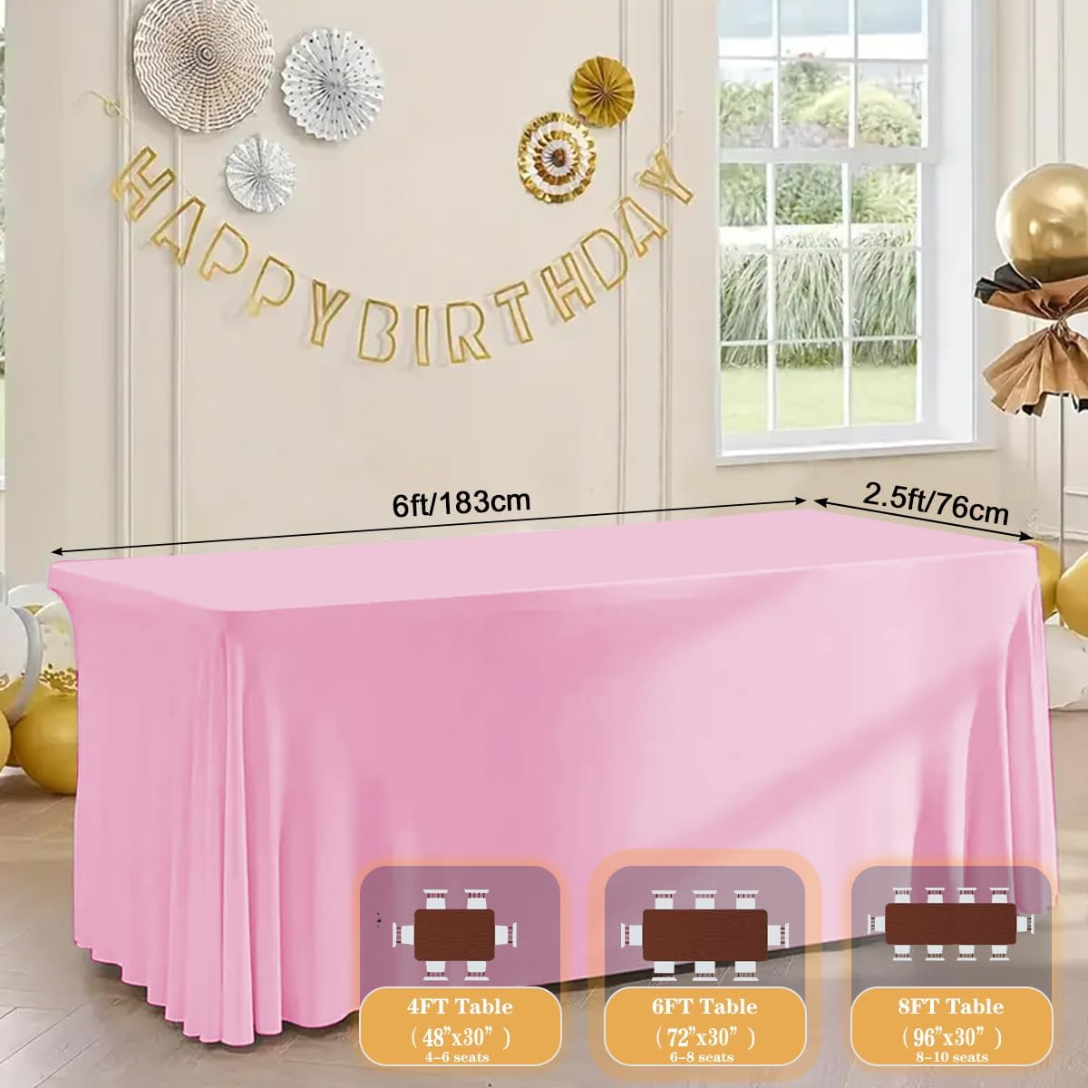 HAORUI Open Back Table Skirts, 4Pack Rectangle Wrinkle Resistant Table Clothes, Ruffles Elastic Table Cover for Banquets, Weddings, Parties (6ft Pink)