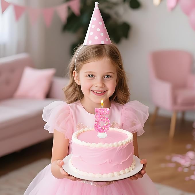 Zailo Birthday Number Candles, Glitter Number Candle Cake Decorations with Sequins, Cupcake Decorations for Girls, Women, Party Anniversary Celebrations (Number 5, Light Pink)