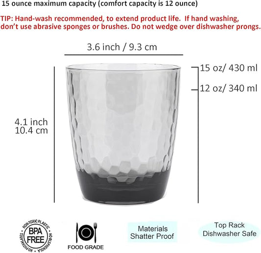 KOXIN-KARLU Hammered 15-ounce and 26-ounce Plastic Tumbler Acrylic Glasses, set of 8 Smoky Grey