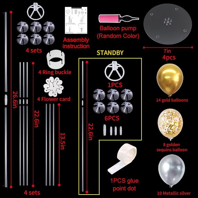 TONIFUL 4 Table Centerpiece Balloon Stand Kit Include Silver Gold Latex Confetti Balloons for 2026 Graduation,New Years 2026,Birthday,Retirement,Christmas,Anniversary Table Party Decoration