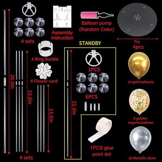 TONIFUL 4 Table Centerpiece Balloon Stand Kit Include Silver Gold Latex Confetti Balloons for 2026 Graduation,New Years 2026,Birthday,Retirement,Christmas,Anniversary Table Party Decoration