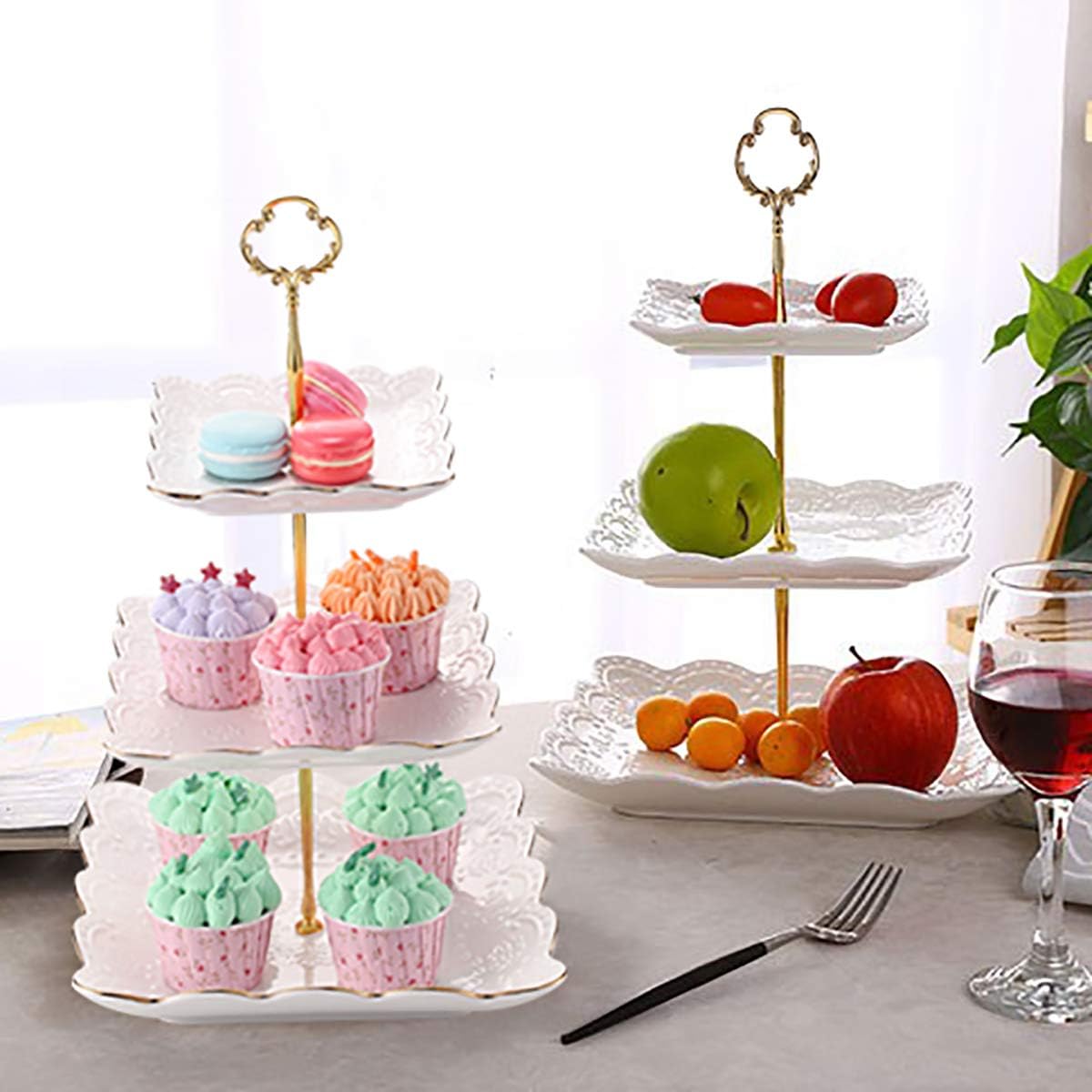 3-Tier Square Ceramic Cupcake Stand, High Tea Stand for Party or Holiday Hosting (with Gold Edge)
