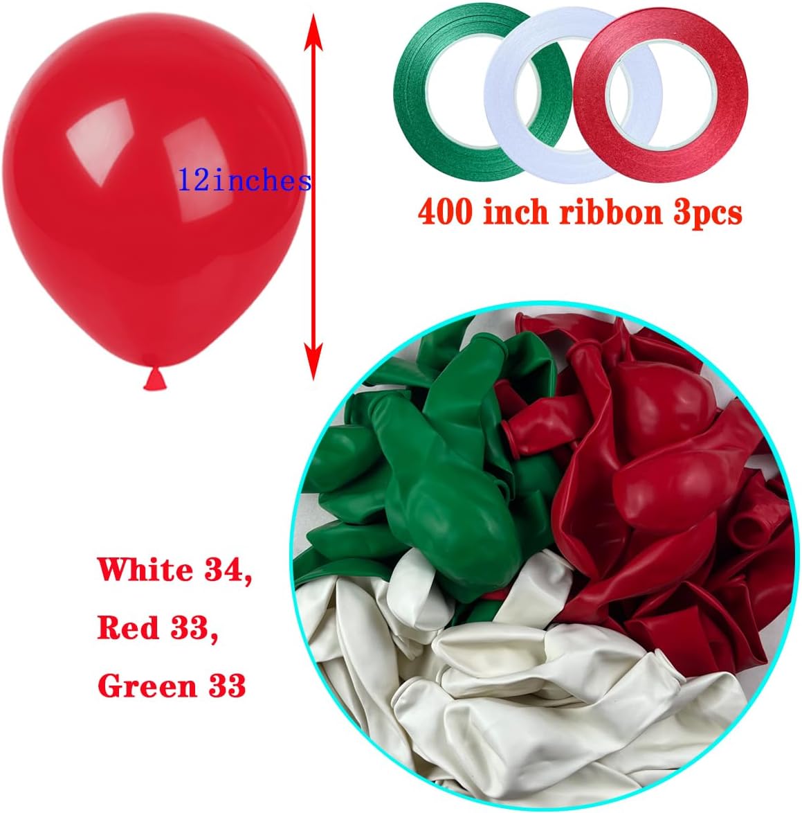 White Red Green Balloons,100 Pack 12 Inch Latex Balloons,for Wedding Birthday Party Baby Shower Christmas Party Decorations