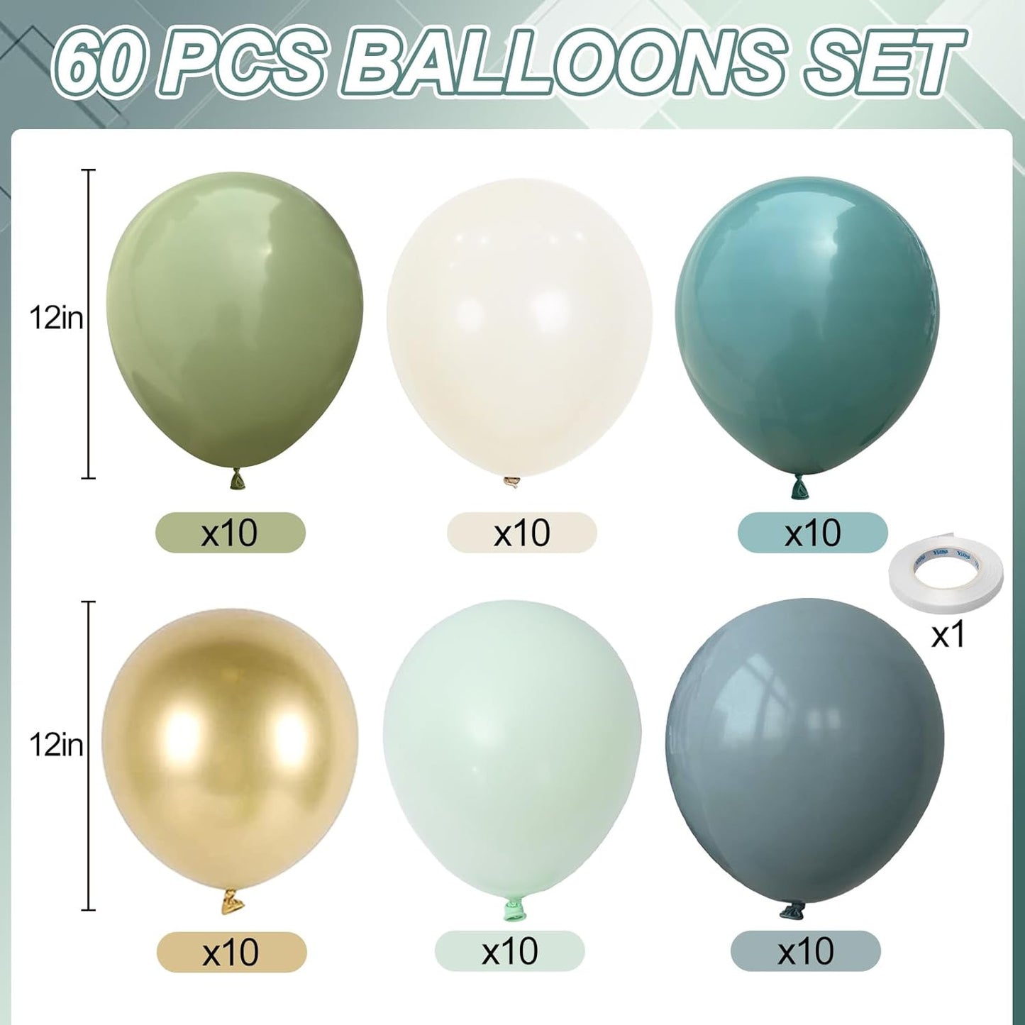 Sage Green and Blue Balloons, 60 PCS 12 Inch Dusty Green Blue Sand White Gold Balloons for Baby Shower Bridal Shower Wedding Boho Birthday Party Decorations