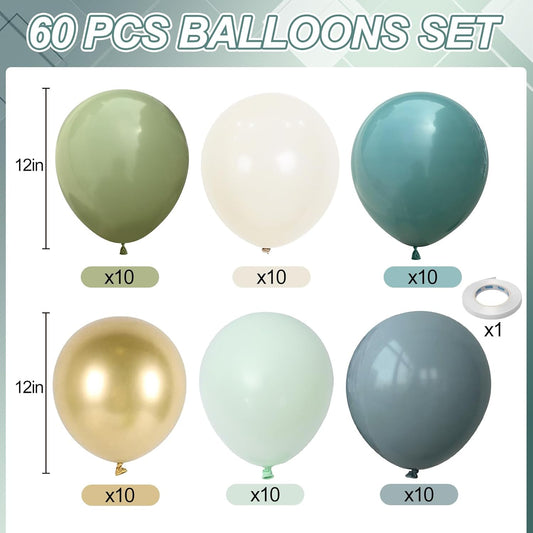Sage Green and Blue Balloons, 60 PCS 12 Inch Dusty Green Blue Sand White Gold Balloons for Baby Shower Bridal Shower Wedding Boho Birthday Party Decorations