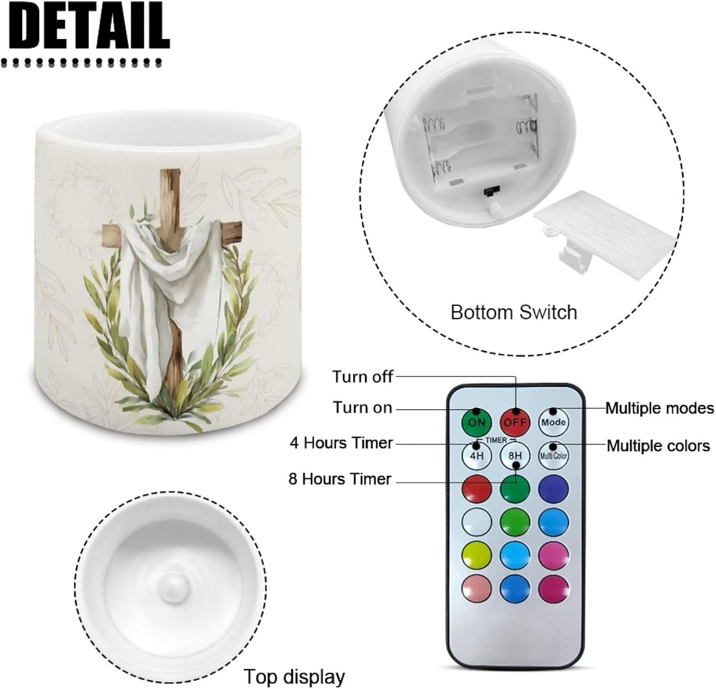 Poceacles 4 Pack Christmas Flameless LED Candles Remote Control Flickering LED Pillar Candles Multi-Color Options Tea Lights for Party Dinner Event Decor, Cross Leaf White