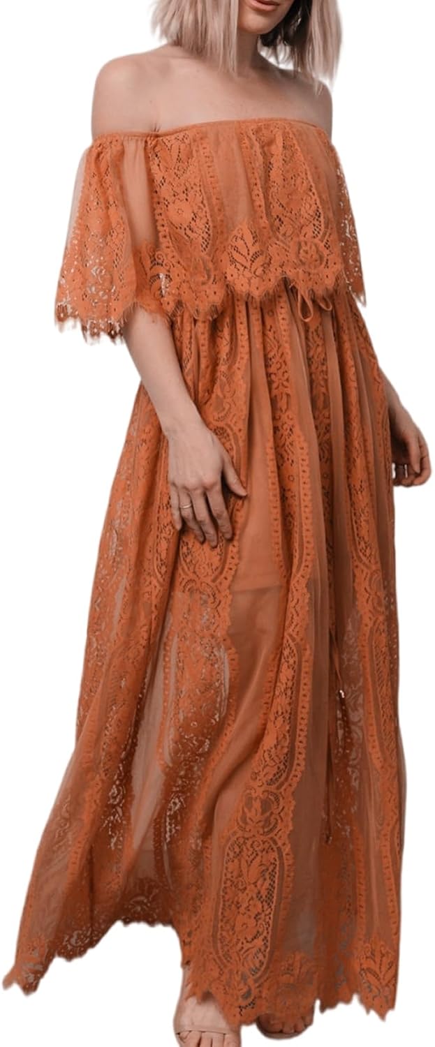 HOYISHION Women's Off The Shoulder Floral Lace Maxi Dress White Bridesmaid Wedding Party Maternity Photoshoot Long Dresses