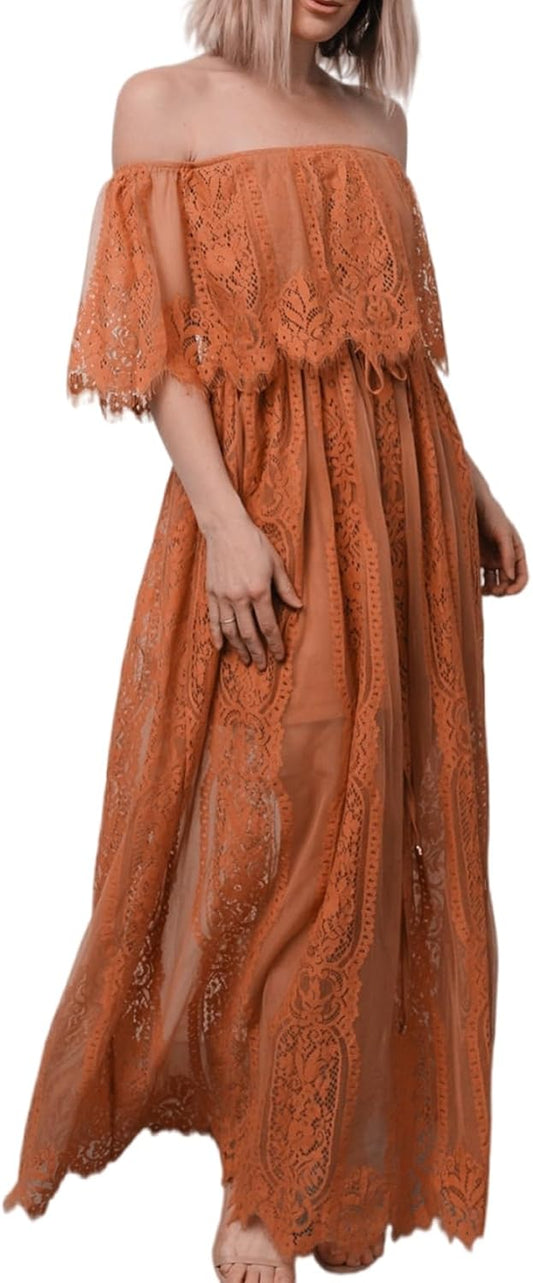HOYISHION Women's Off The Shoulder Floral Lace Maxi Dress White Bridesmaid Wedding Party Maternity Photoshoot Long Dresses