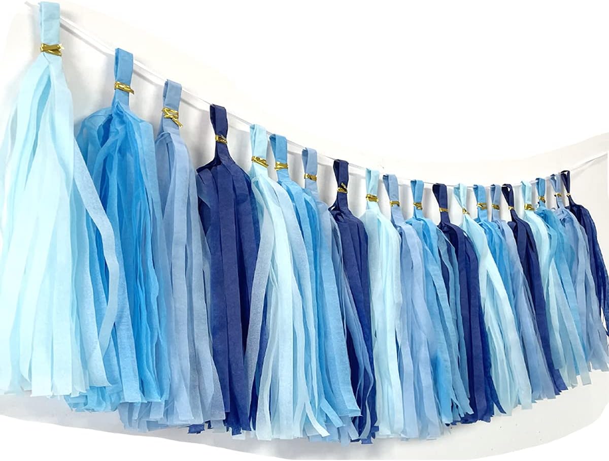 Tissue Paper Tassels Paper Tassels Garland Banner Table Decor Party Tassels Banner Wedding Birthday Baby Shower Nursey Party Decorations Supplies (20, Lt-Blue+Blue+Sky Blue+Royal Blue)