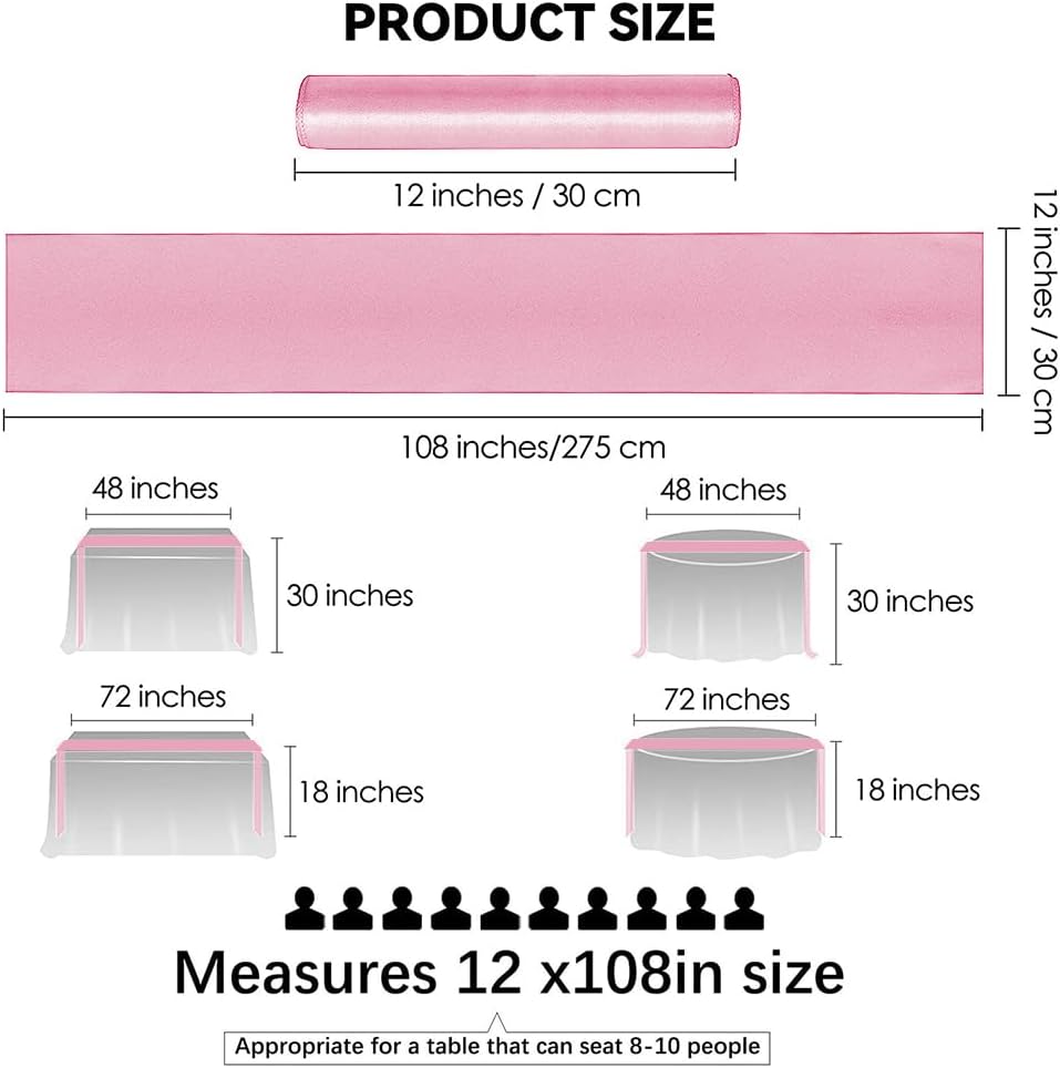 12 Pack Satin Table Runner 12 x 108 Inch Long Satin Table Runners for Wedding Banquet Graduations Birthday Party Decoration (Light Pink)