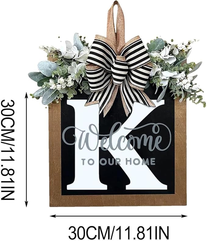 Last Name Year Round Front Door Wreath Front Porch Decoration 26 Letter Welcome Sign with Eucalyptus Garland and Bow Spring Wreaths for Front Door Outside Hanger Garland（K）