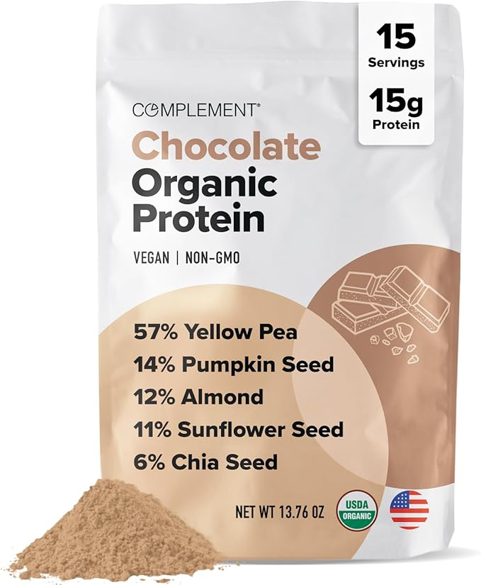 Complement Organic Chocolate Vegan Protein Powder (15 Servings) Low Carb, Low Calorie, Sugar Free, Soy Free, Non-GMO, Non Dairy - Yellow Pea, Pumpkin Seed - 15g Plant Based Protein Powder