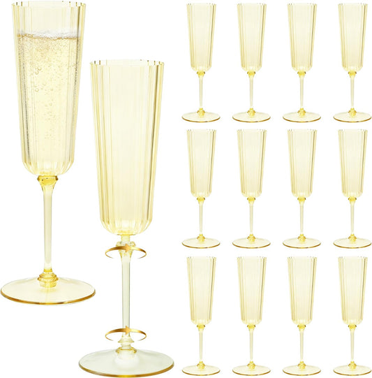 48 Pack Golden Champagne Flutes Plastic, Stripe Detachable Acrylic Champagne Glasses, Disposable Cocktail Drinking Cups, Reusable Wine Flutes, Cocktail Toasting Glasses for Wedding, Party