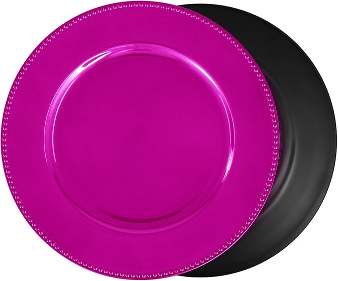 24 Pcs Hot Pink Charger Plates, 13" Round Beaded Decorative Dinner Chargers for Wedding, Holiday, Baby Shower & Event Decoration